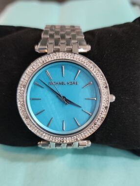 Michael Kors Silver Bracelet Watch with Turquoise Blue Dial and Crystal Bezel